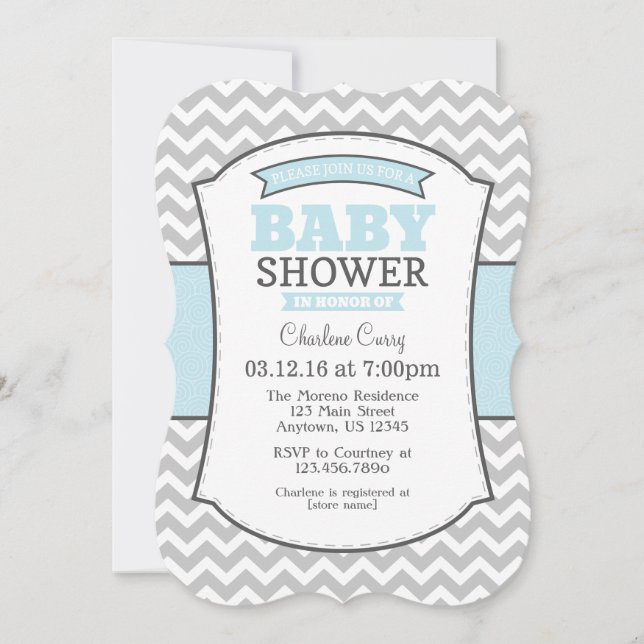 Invitación Baby Shower de Chevron Gris Azul Polvo (Anverso)