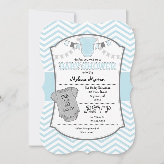 Invitación Baby Shower de Chevron Gris Azul Polvo (Anverso)