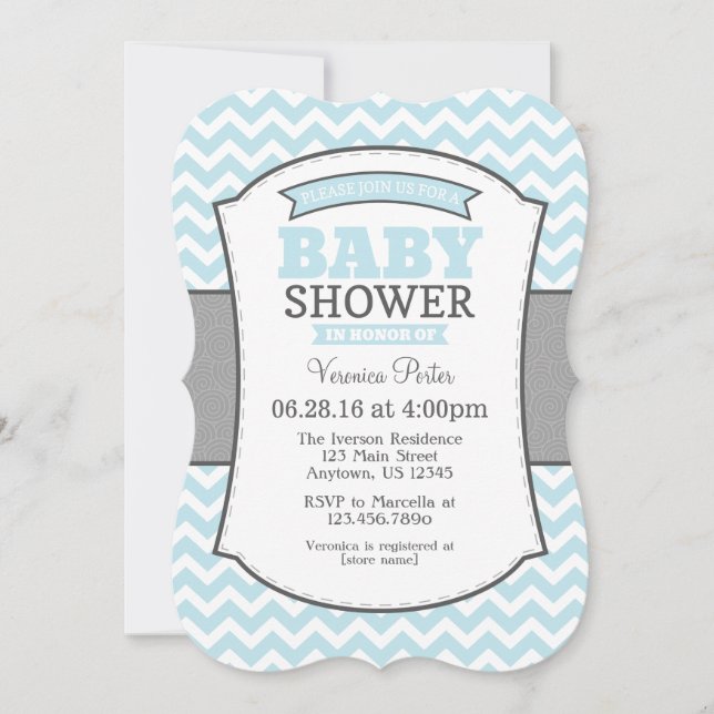 Invitación Baby Shower de Chevron Gris Azul Polvo (Anverso)