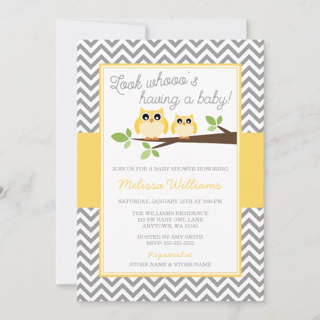 Invitación Baby Shower de chevron gris de búho amarillo (Anverso)