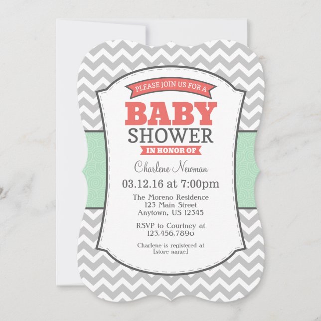 Invitación Baby Shower de Chevron gris de San Cora (Anverso)
