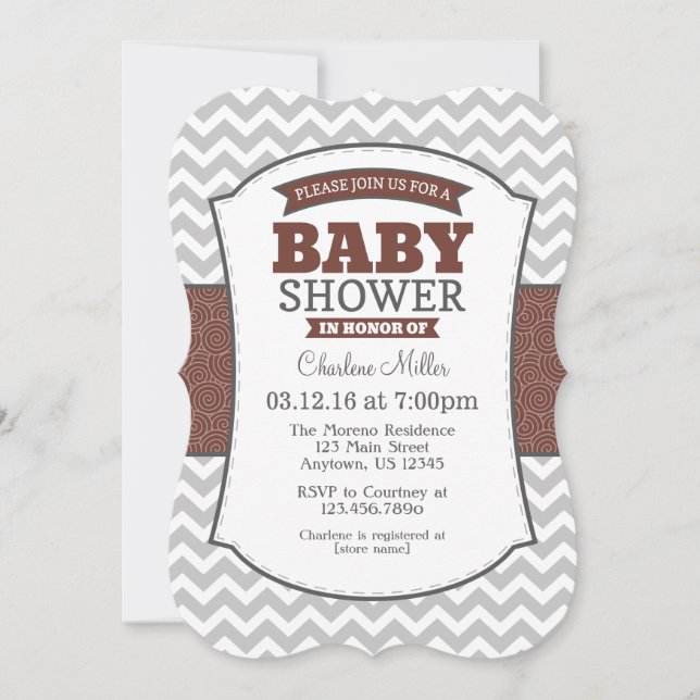 Invitación Baby Shower de Chevron gris marrón (Anverso)