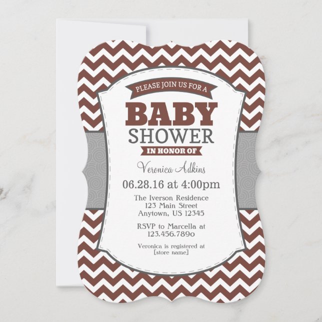 Invitación Baby Shower de Chevron gris marrón (Anverso)