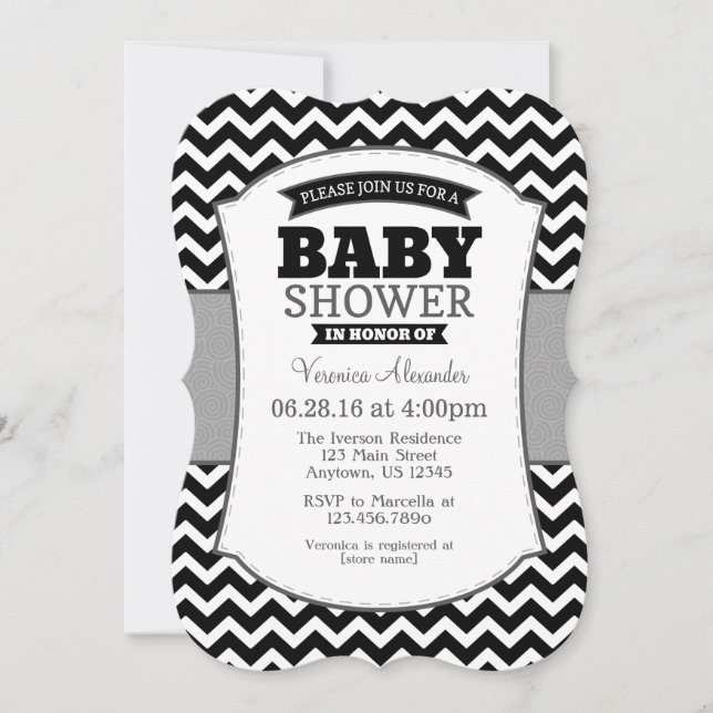 Invitación Baby Shower de Chevron gris negro (Anverso)