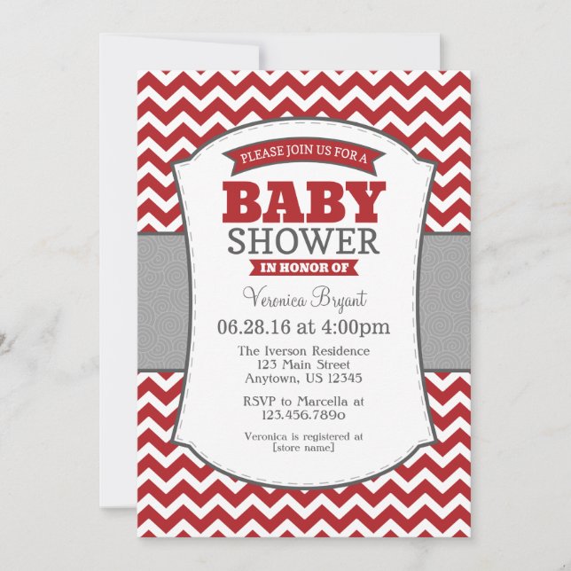 Invitación Baby Shower de Chevron Gris Rojo (Anverso)