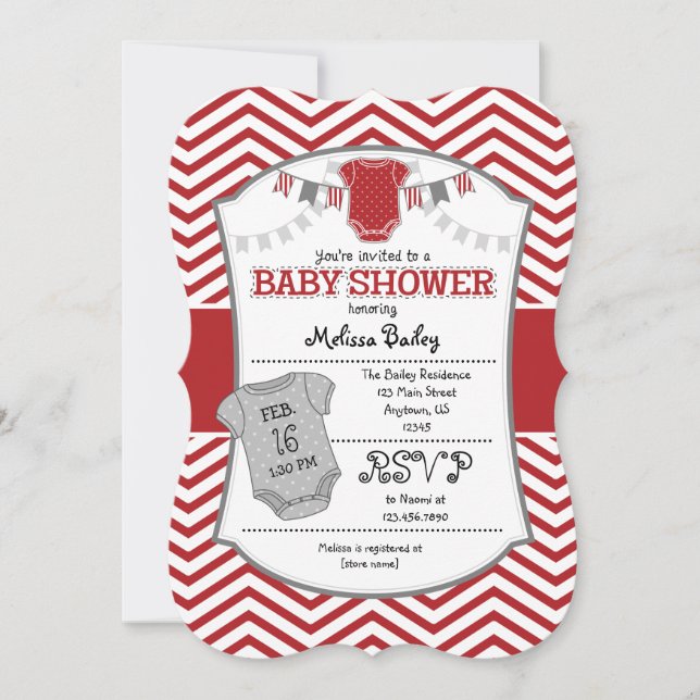 Invitación Baby Shower de Chevron gris rojo (Anverso)