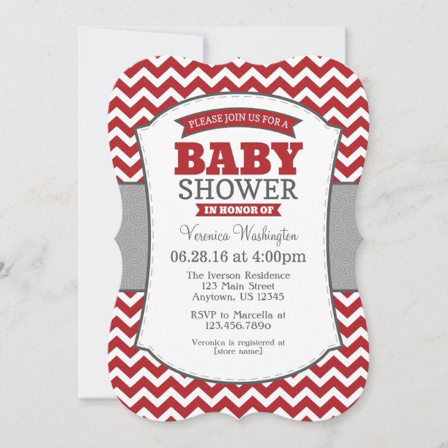 Invitación Baby Shower de Chevron Gris Rojo (Anverso)