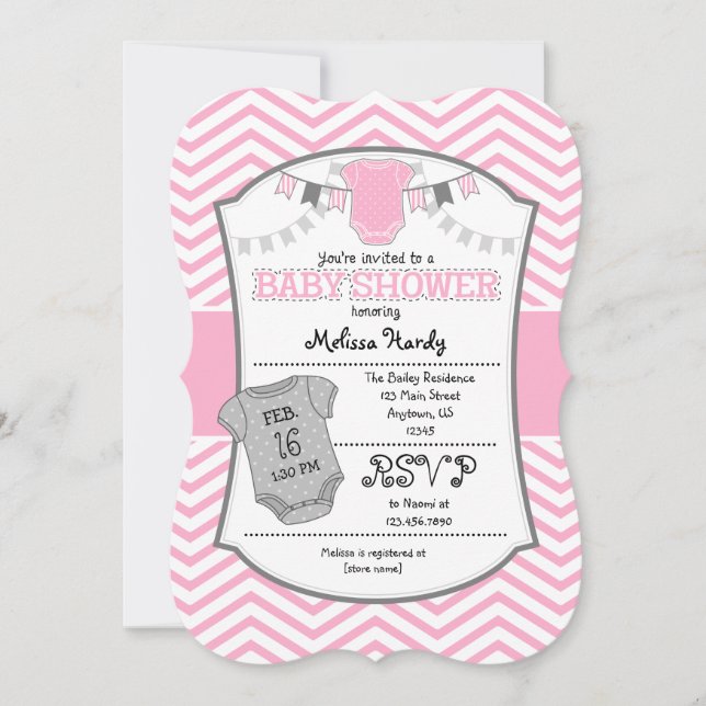 Invitación Baby Shower de Chevron gris rosa (Anverso)