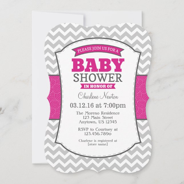 Invitación Baby Shower de Chevron gris rosado cali (Anverso)