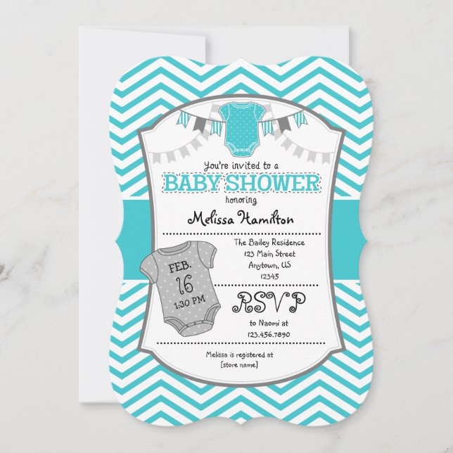 Invitación Baby Shower de Chevron Gris Turquesa (Anverso)