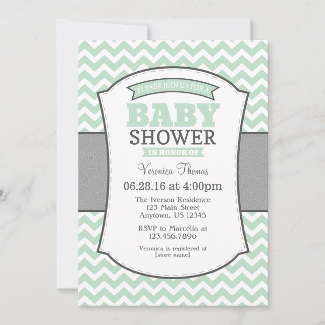 Invitación Baby Shower de Chevron gris verde de la (Anverso)