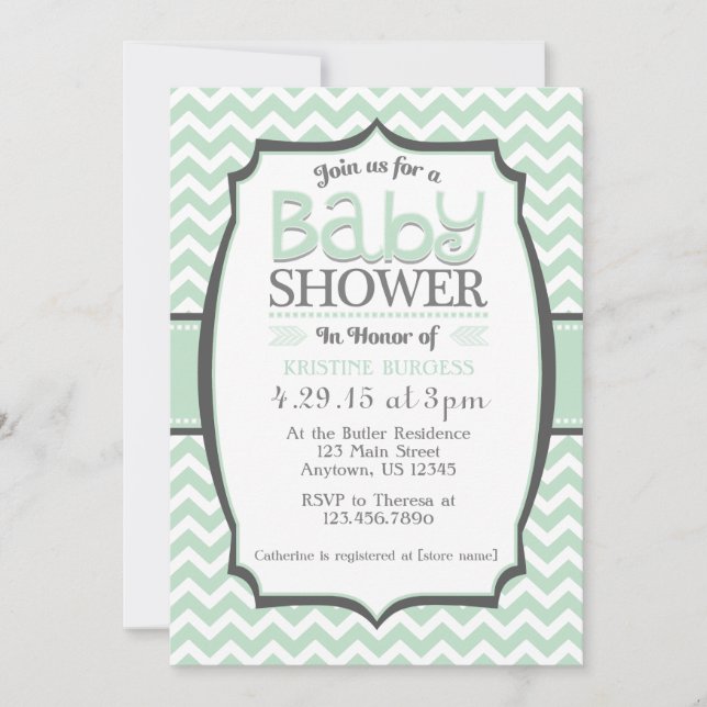Invitación Baby Shower de Chevron gris verde de la (Anverso)