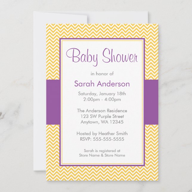 Invitación Baby Shower de Chevron morado y amarillo (Anverso)