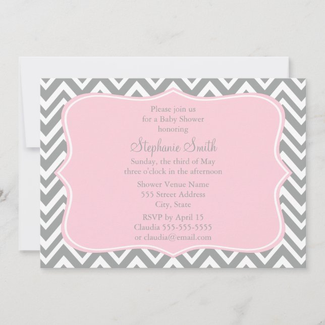Invitación Baby Shower de Chevron rosa gris, blanco y pastel (Anverso)