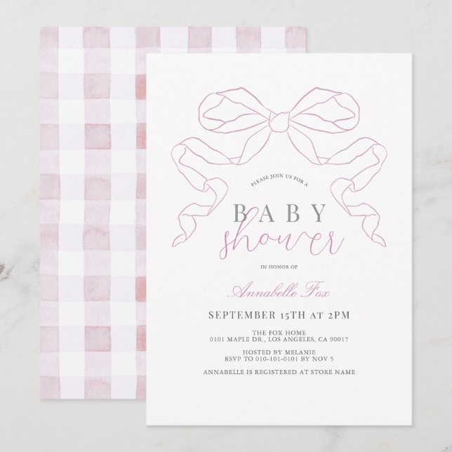 Invitación Baby Shower de Chica de cinta rosada de Coquette (Anverso / Reverso)