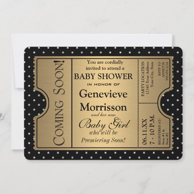 Invitación Baby Shower de Chica de oro negro estilo boleto do (Anverso)