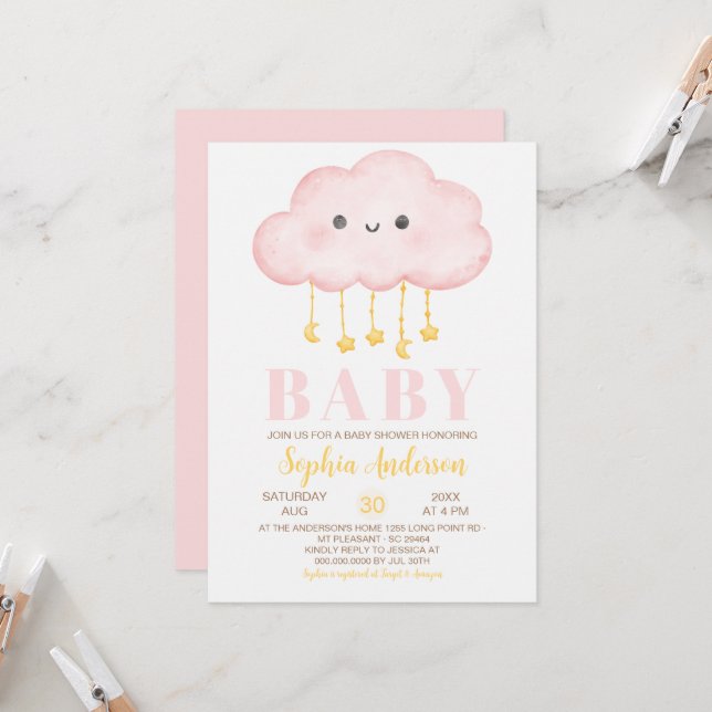 Invitación Baby Shower de Chica en nube rosa (Anverso/Reverso In Situ)