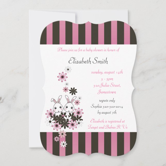 Invitación Baby Shower de Chica negro y rosa de conejitos gem (Anverso)