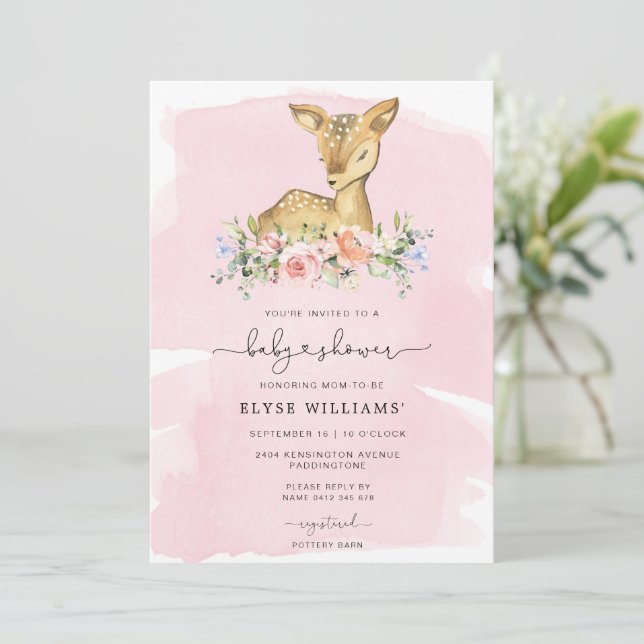 Invitación Baby Shower de Chica Rosa de ciervos (Anverso de pie)