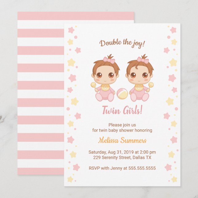 Invitación Baby Shower de Chicas gemelos (Anverso / Reverso)