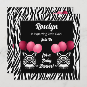 Invitación Baby Shower de Chicas rosados gemelos Zebra