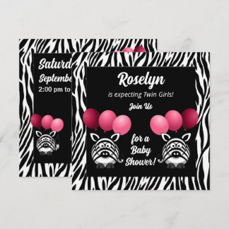 Invitación Baby Shower de Chicas rosados gemelos Zebra