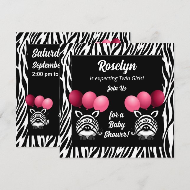 Invitación Baby Shower de Chicas rosados gemelos Zebra (Anverso / Reverso)