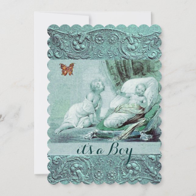INVITACIÓN BABY SHOWER DE CHICO AZUL, MARIPOLA DE BOTÓN, CHAR (Anverso)