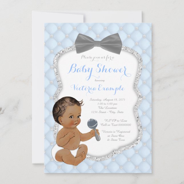 Invitación Baby Shower de chico étnico de chico blanco gris a (Anverso)