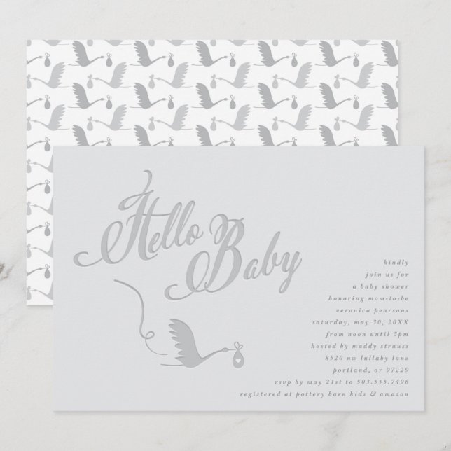 Invitación Baby Shower de cigüeña en esfuma (Anverso / Reverso)