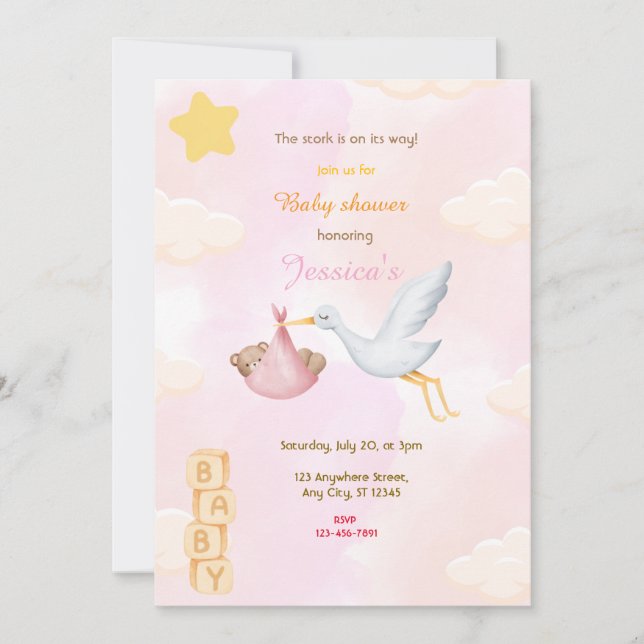 Invitación Baby Shower de cigüeña rosa (Anverso)