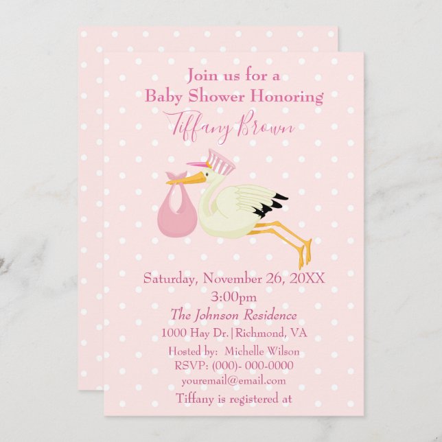 Invitación Baby Shower de cigüeñas de polka rosa y blanca (Anverso / Reverso)