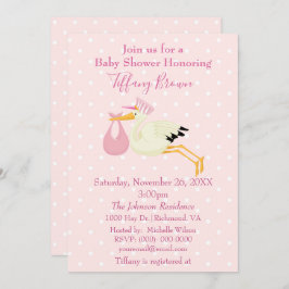 Invitación Baby Shower de cigüeñas de polka rosa y blanca