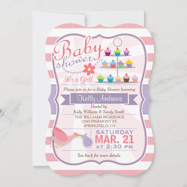 Invitación Baby Shower de cigüeñas moradas rosadas, blancas y (Anverso)