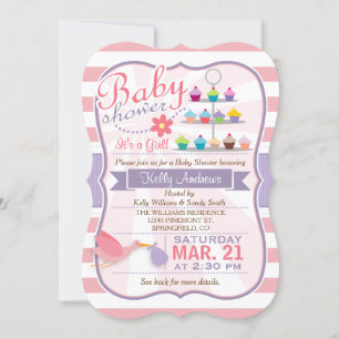 Invitación Baby Shower de cigüeñas moradas rosadas, blancas y