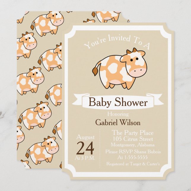 Invitación Baby Shower de cinta blanca y calf de vaca (Anverso / Reverso)