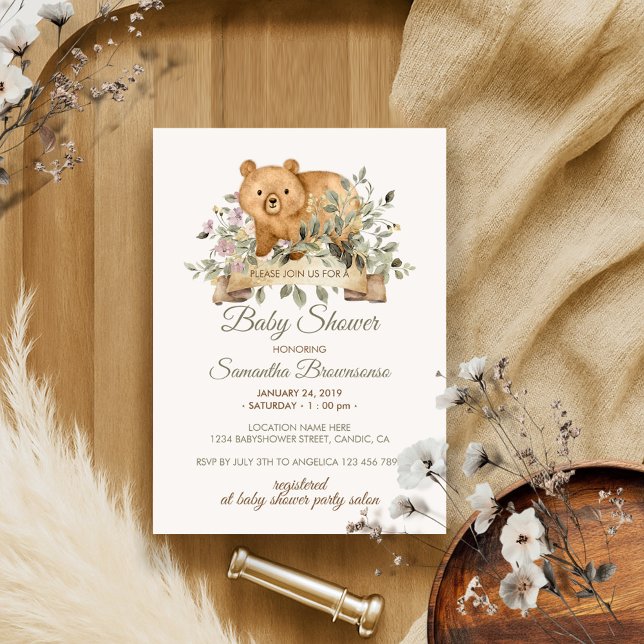 Invitación Baby Shower de cinta de opciones botánicas de oso  (Subido por el creador)
