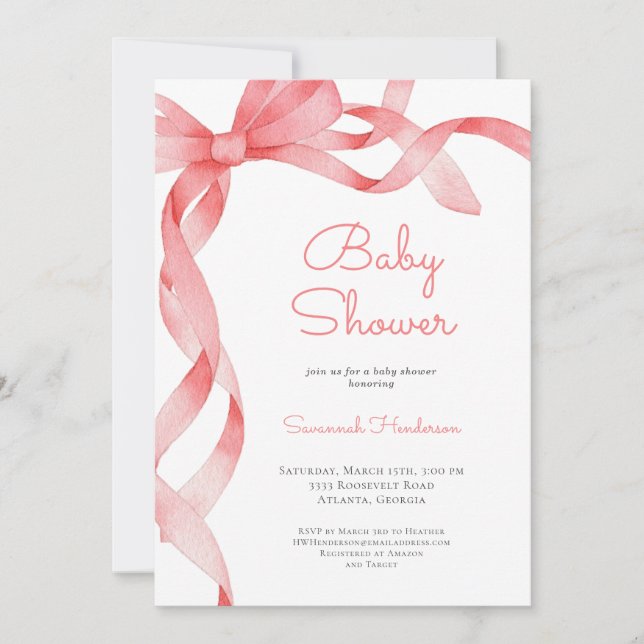 Invitación Baby Shower de cinta rosa (Anverso)