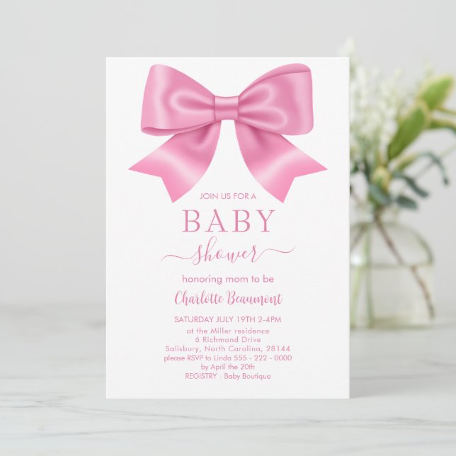 Invitación Baby Shower de cinta rosa (Anverso de pie)