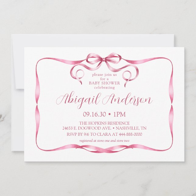 Invitación Baby Shower de Cinta Rosa Acuarela (Anverso)