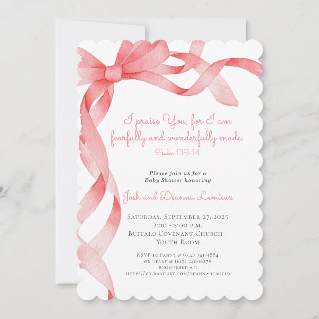 Invitación Baby Shower de cinta rosa suave (Anverso)