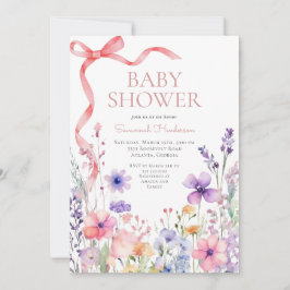 Invitación Baby Shower de cinta rosada de flores silvestres