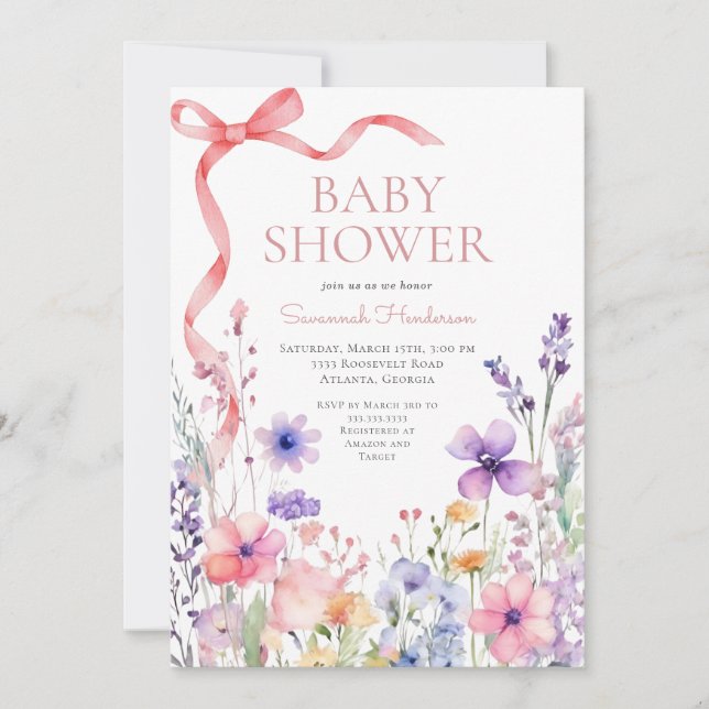 Invitación Baby Shower de cinta rosada de flores silvestres (Anverso)