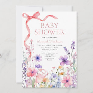 Invitación Baby Shower de cinta rosada de flores silvestres