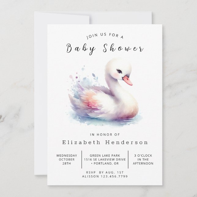 Invitación Baby Shower de cisne en línea neutral en cuanto a  (Anverso)