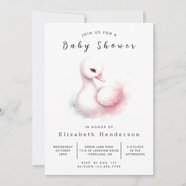Invitación Baby Shower de cisne imprimible con estilo (Anverso)