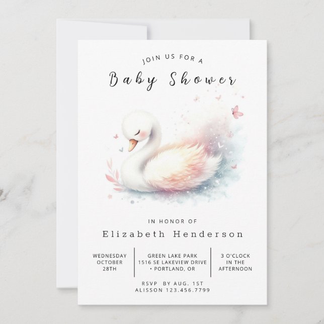 Invitación Baby Shower de cisne imprimible encantado (Anverso)