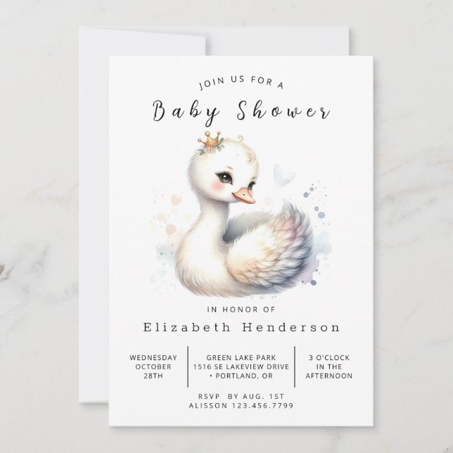 Invitación Baby Shower de cisne moderno imprimible (Anverso)