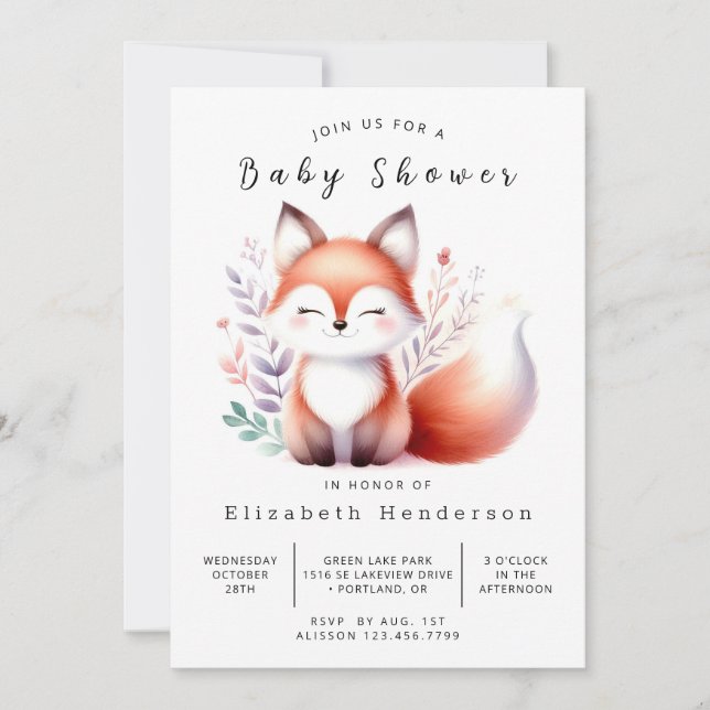 Invitación Baby Shower de Clean Forest Scene Fox (Anverso)