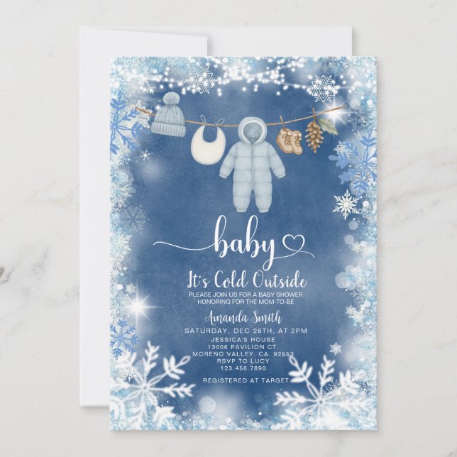 Invitación Baby Shower de Clothesline Blue Snowflakes (Anverso)